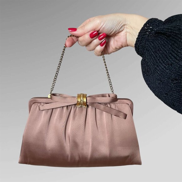 Vintage 1950s 'After Five' Satin & Gold Tone Rhinestone Bow Cocktail Handbag - Picture 1 of 12